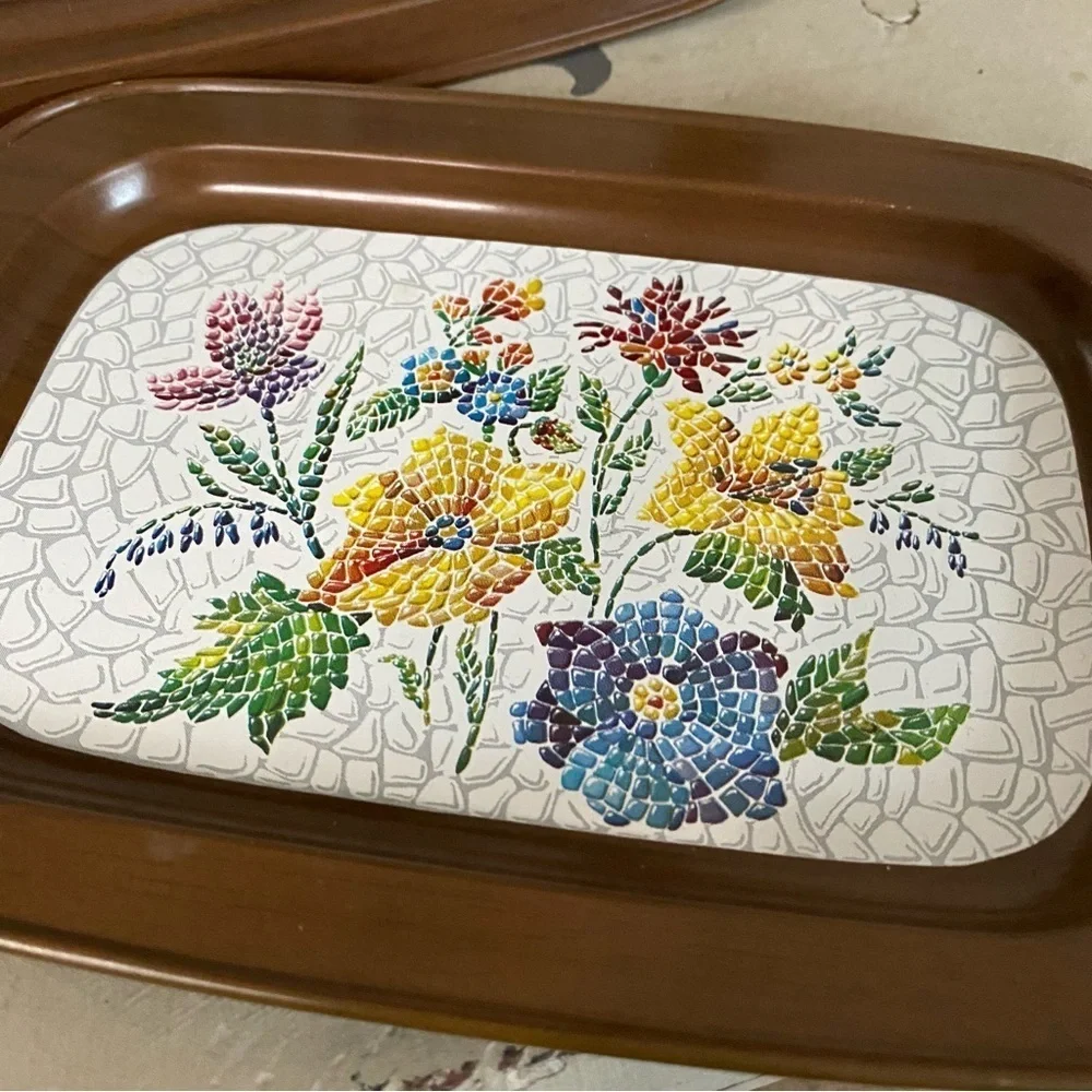 Vintage Floral Mosaic Metal Trinket Trays, Set of 2